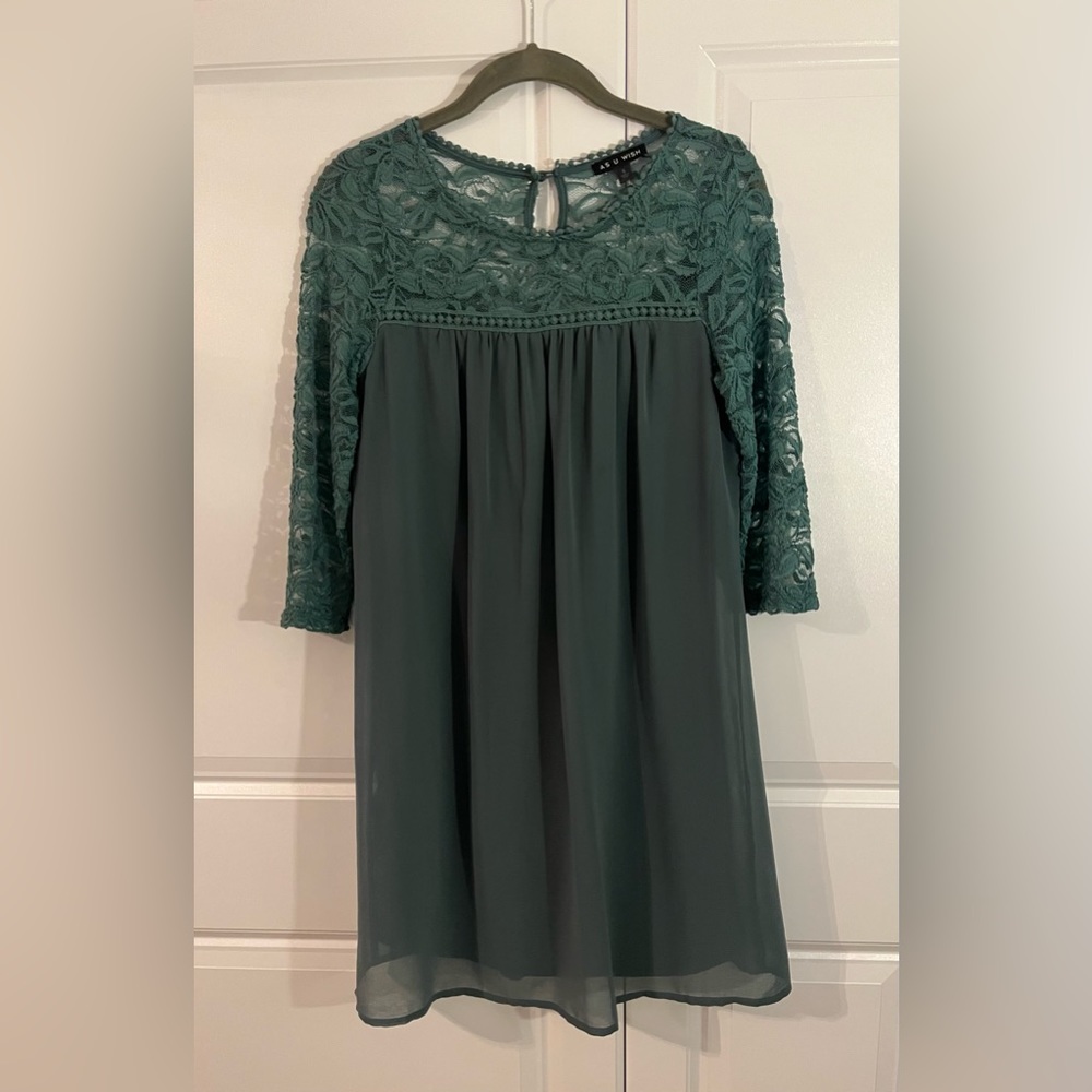 As U Wish Teal Formal Dress with Lace 3/4 Length Sleeves- Small